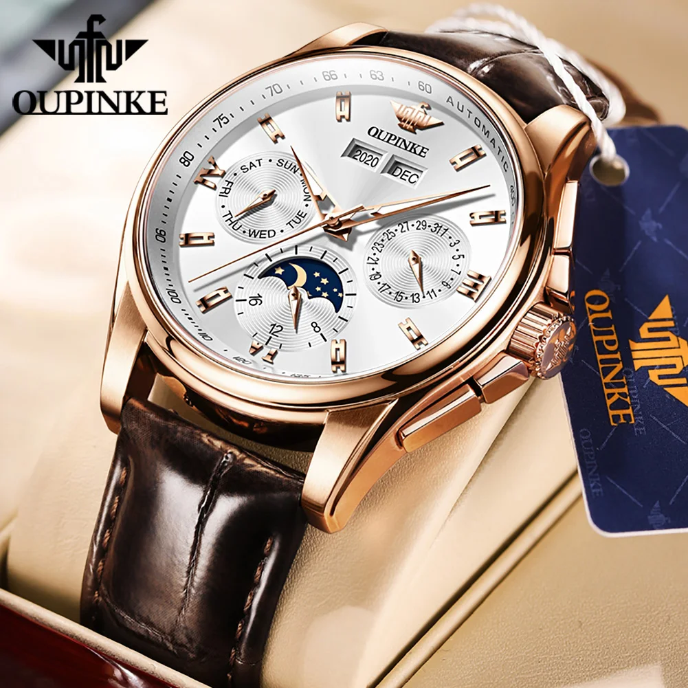 

OUPINKE Watch for Men Luxury Automatic Watches Sapphire Luminous Moon Phase Perpetual Calendar Men Mechanical Wristwatches