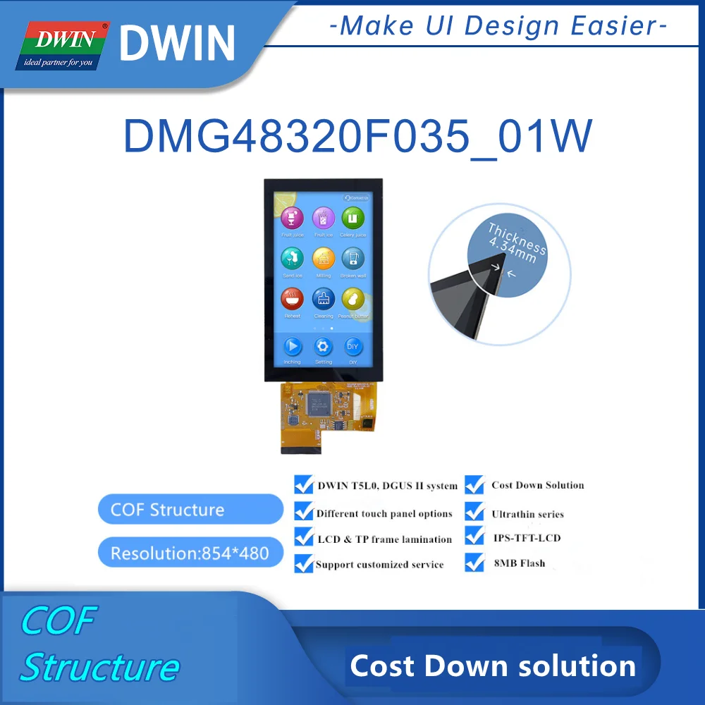

DWIN New COF Structure 3.5 Inch 320*480 Pxels Resolution 262K Colors IPS-TFT-LCD Optional TP Appearance