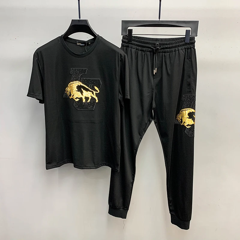 

Summer men's 2021 new short sleeve pants casual suit hot drill letter Sequin Taurus dark two piece men's suit