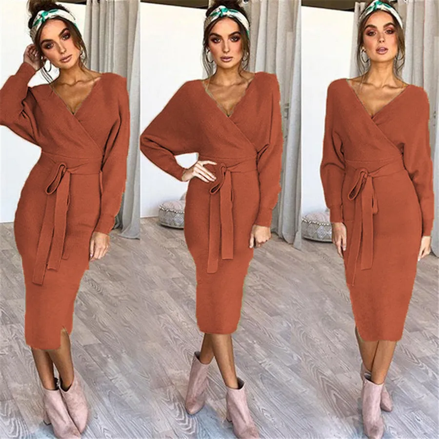 

2020 Autumn Women Sexy V-Neck Long Sleeve Solid Irregular Dress Female Fashion Sexy With Sashes Backless Cotton New Dress Ladies