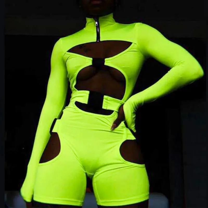 

Women Bodysuit Sexy Long Sleeve Deep Fluorescent Green Schoolbag Buckle Bodysuit Long Sleeve Shorts Overalls Female Jumpsuit