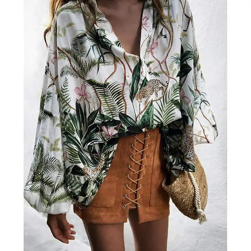 Женская Повседневная Блузка с длинным рукавом и растительным принтом Свободный