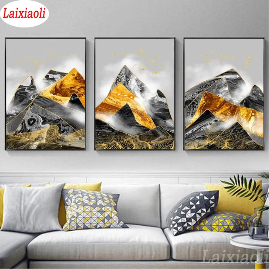 Алмазная вышивка черные и золотые линии абстрактная Геометрическая живопись гор