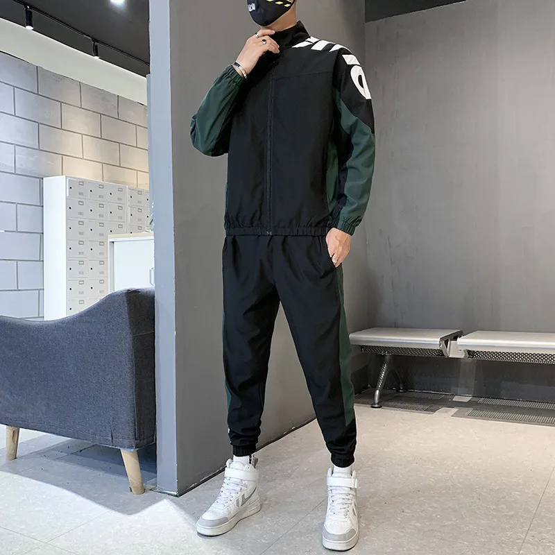 

Korean Style Trendy Tooling Suit Jacket Casual Sports Top + Sweatpants Tracksuit Men Two Piece Set Color Block Sportswear Suit
