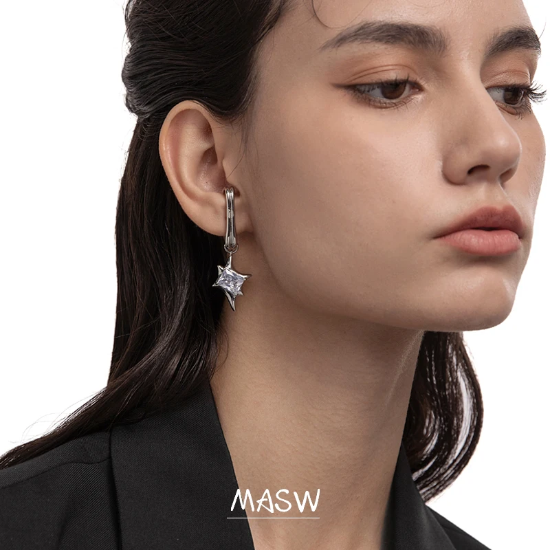 

MASW Original Design AAA Zircon Earrings 2021 New Trend Brass Metal Silvery Plating Geometric Drop Earrings Fashion Jewelry