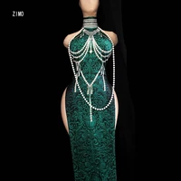 vintage long dress qipao chain pearl 3d print high split green folk dance sleeveless performance stage outfit festival clothing