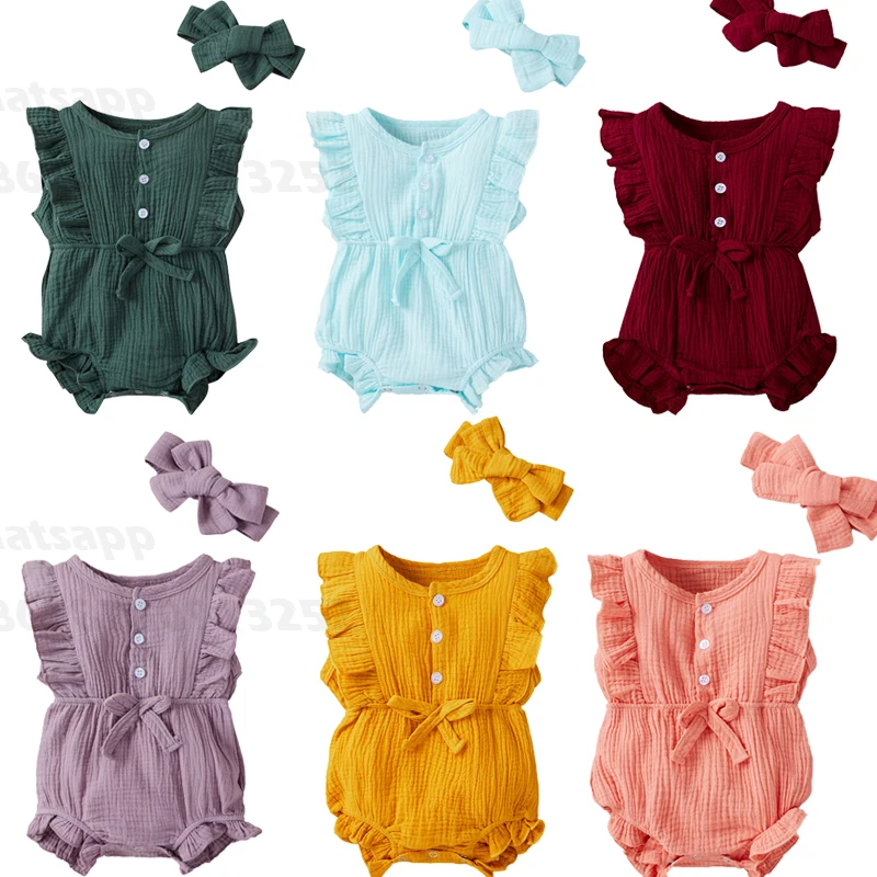 

2021 0-12M Newborn Baby Girl Cotton Linen Clothes Romper 2pcs Fly Sleeve Solid Button Drawstring Waist Bow Playsuit+Headband