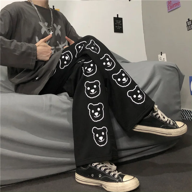 

Straight Pants Women Loose Leisure Japanese Style Chic Cartoon Bear-print BF Couple Teens Trousers Casual Full-length Streetwear
