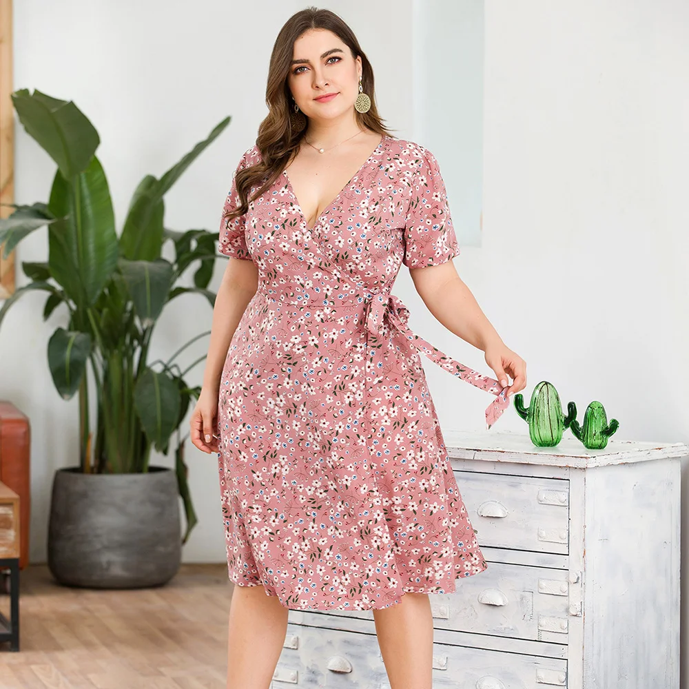 Женское платье с V-образным вырезом коротким рукавом и высокой талией | Женская