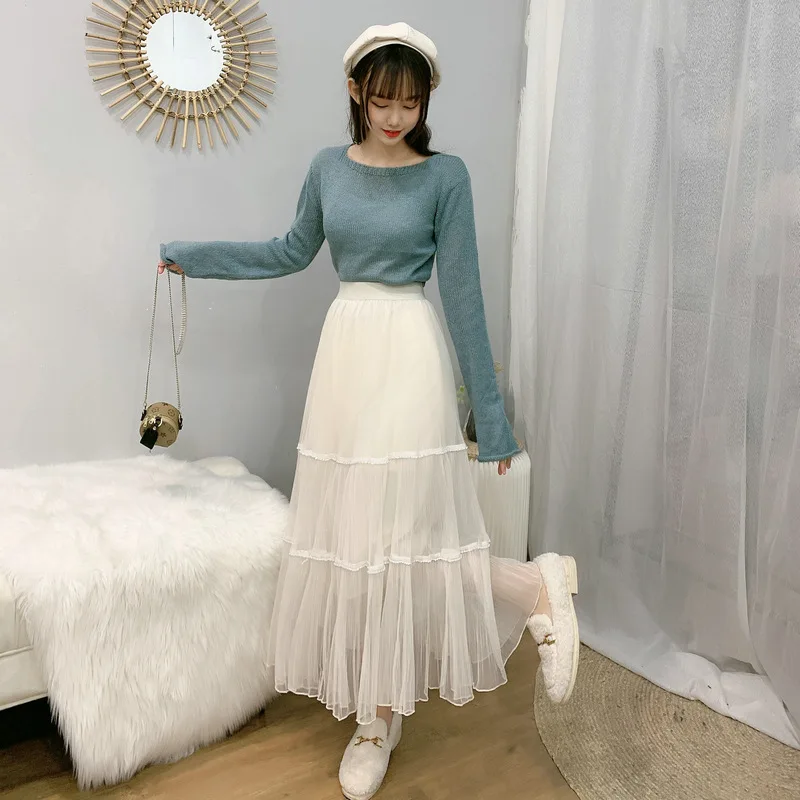 

2021 новые женские модные одноцветные юбки женские летние модные юбкой из сетчатой ткани с алмазной строчкой, юбка с завышенной талией, плисс...