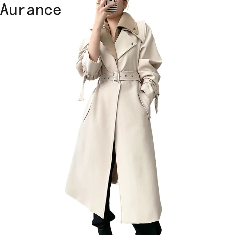 

[Aurance] Women Long Sleeve Beige Big Size Long Belt Trench New Lapel Loose Fit Windbreaker Fashion Tide Spring Clothes 2021