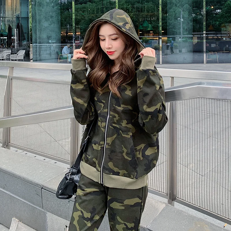 

Spring Autumn Girls Camouflage Suit Zipper Hooded Tops and Elastic High Waist Casual Long Pants Plus Size Women Two Piece Set