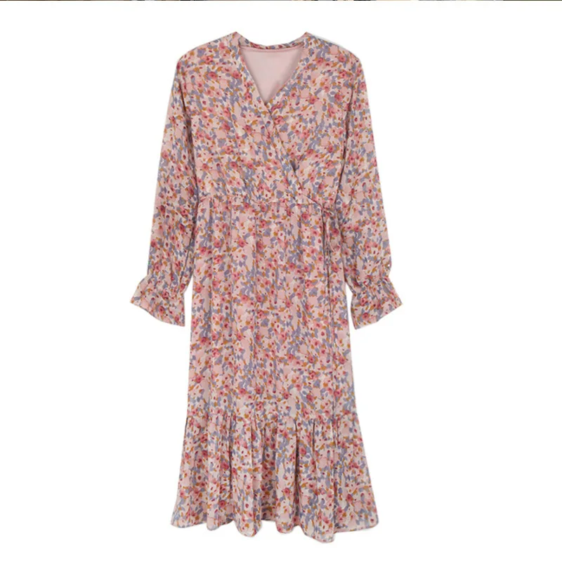 

The Spring And Autumn Period And The French V-Neck Sweet Floral Chiffon Dress Dresses In The New 2021 Accept Waist Skirt Show