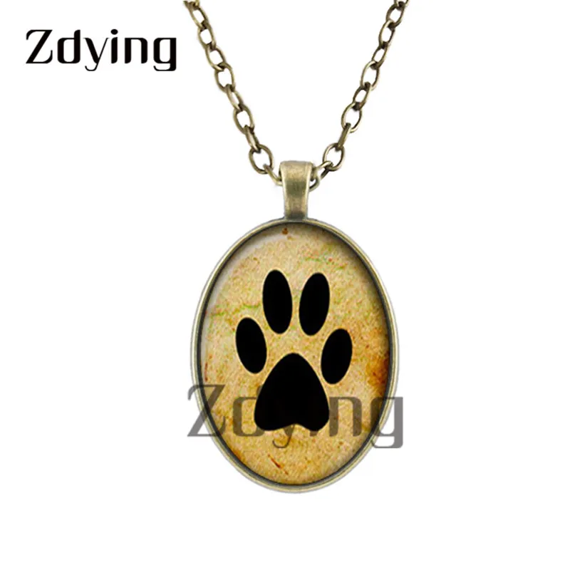 Zdying мода овальный кулон кошка собаки ожерелье отпечаток лапы стеклянный кабошон
