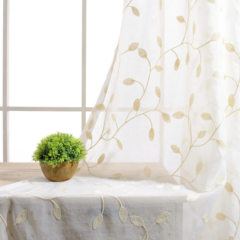 Занавески с вышивкой в деревенском стиле узором зеленых листьев для гостиной