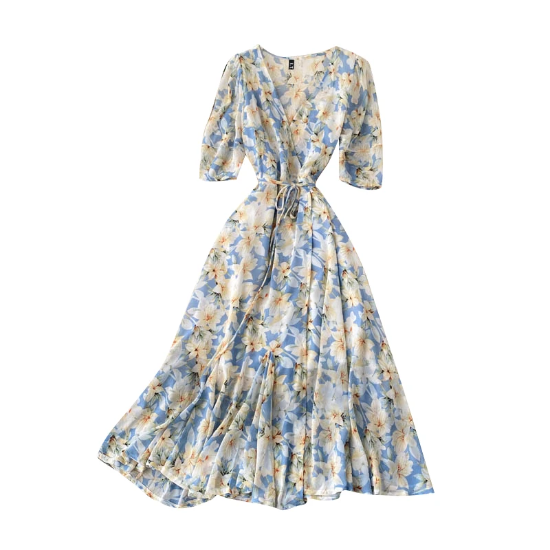 

New Spring Summer Women Sexy V-Neck Half Sleeve Bandage Slim One Piece Dress Vacation Sweet Chiffon Floral Long Dress