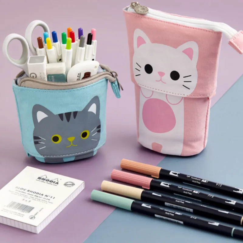 1 шт. модные Пеналы масштабируемые холщовые милый мультяшный Кот эластичные