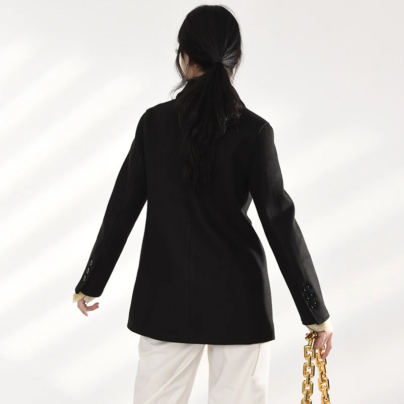 

jacket - wool with short belt and double buttons, women, loose, black, long sleeves, women's fashion, autumn and winter,