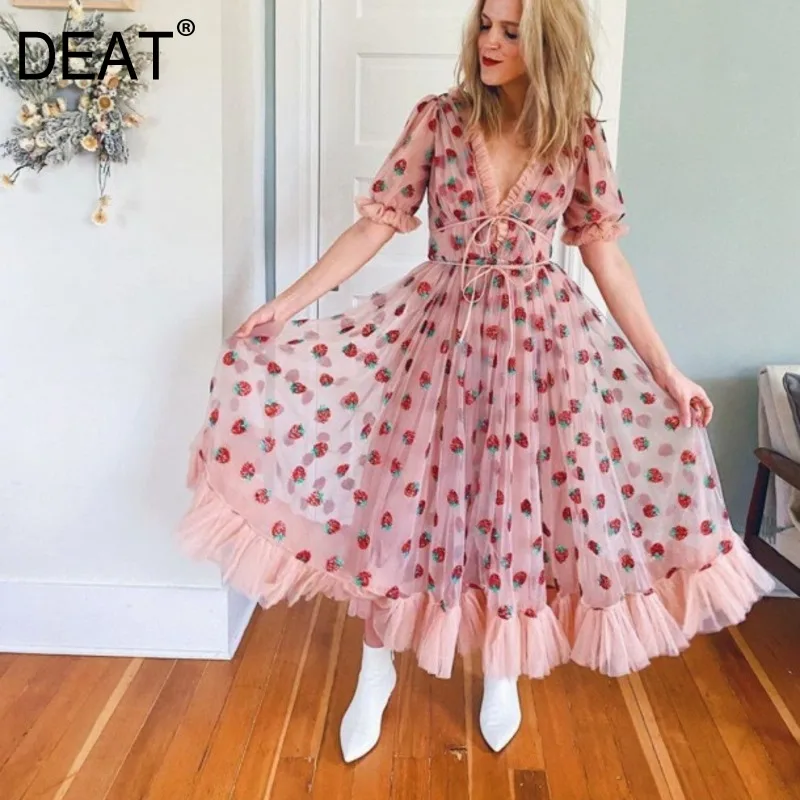 Женское длинное платье с высокой талией DEAT розовое короткими рукавами пышными v