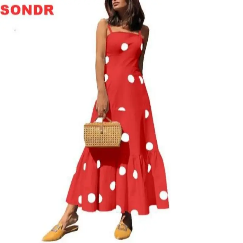 

2021 SONDR New Women Summer Cotton dress off-the-shoulder sleeveless dress Wave Point young girl Long Skirt