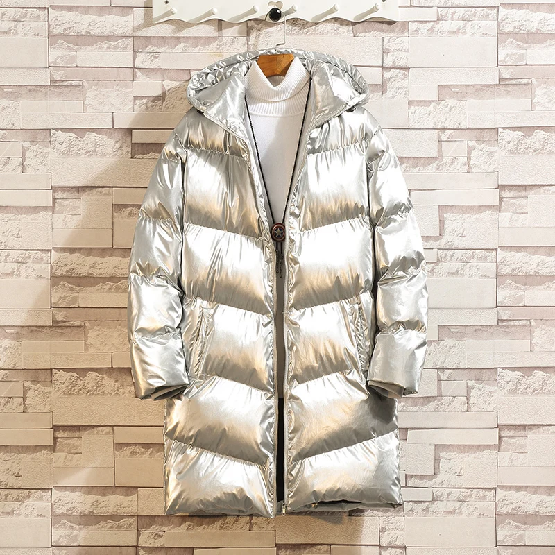 silver Winter Coat Men Warm Fashion Padded Hooded Parka Men Casual Bright Long Jacket Man Streetwear Loose Cotton Male Clothes M-5XL - Цвет: silver