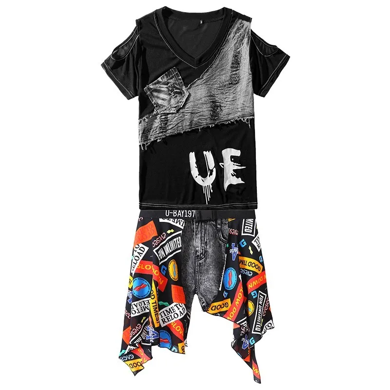 

Women Mesh Patchwork Denim Off Shoulder Pullover T-Shirts Vintage Ripped Push Up Mini Jeans Shorts Summer Matching Set Outfit