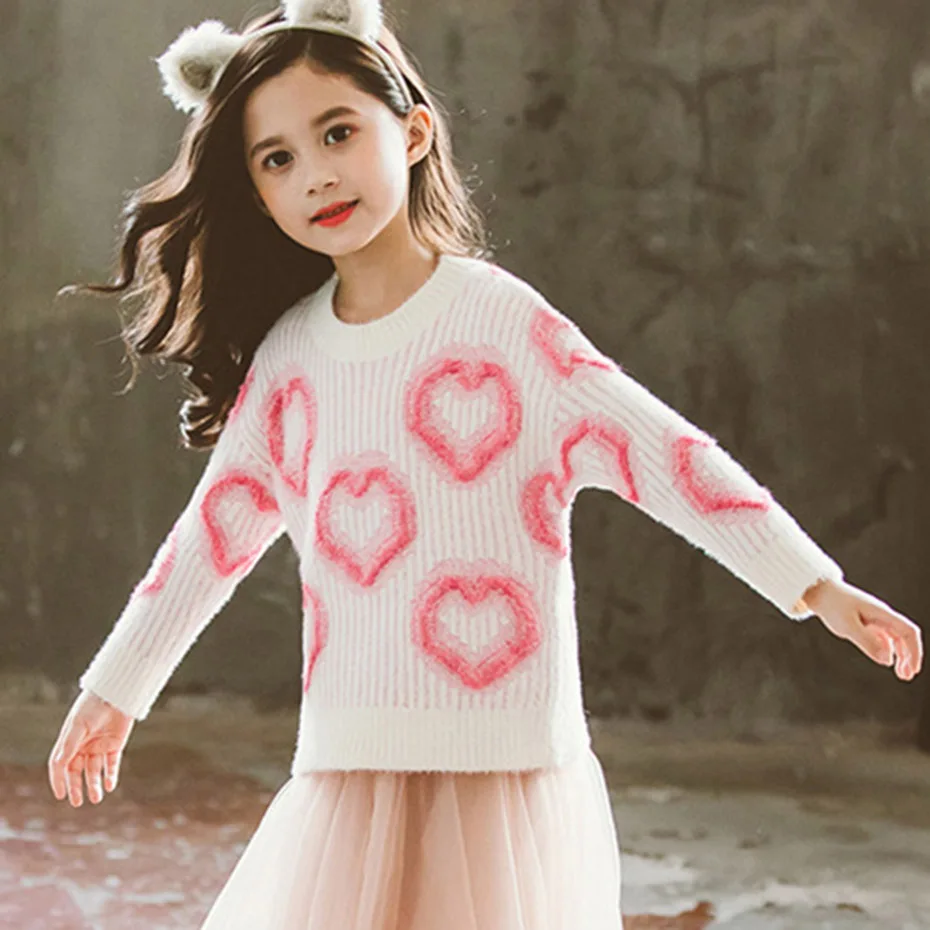 Свитера для девочек Вязаный детский свитер с сердечками бархатный джемпер