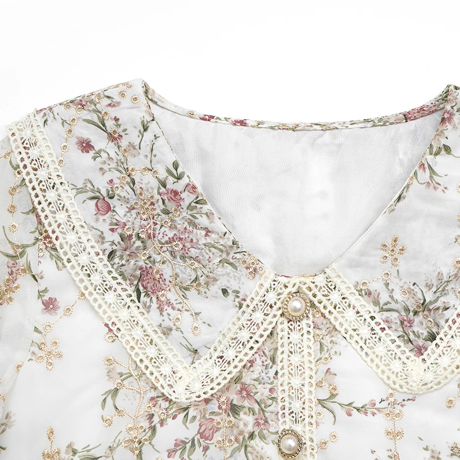 

Heavy Industry Embroidered Lace Blouse Women 2021 Autumn New Doll Collar Floral Retro Puff Sleeve Shirt Top Plus Size