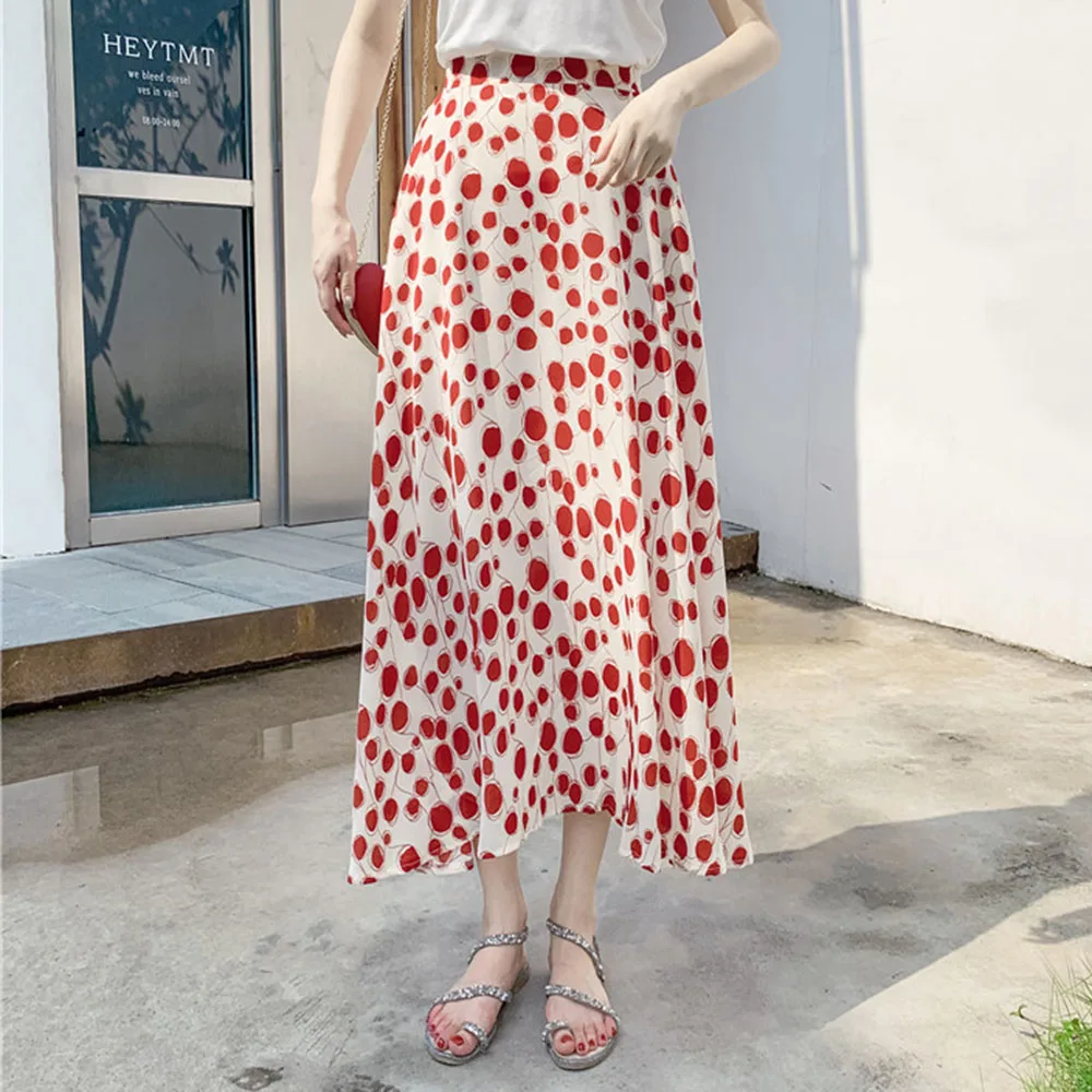 

Skirt Dot Pattern Floral Maxi Dress A-line Ladies Fashion Mid Waist OL Commuter Skirt Japanese Korean 2021 New Style Slim Sexy