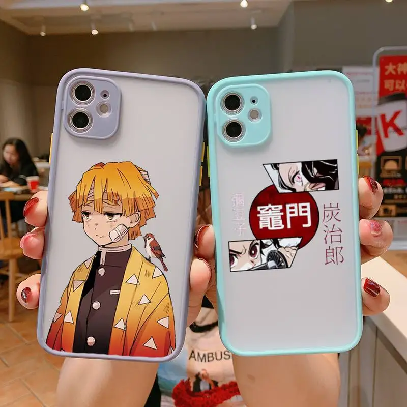 

Anime Demon Slayer Phone Case For iPhone 13 12 11 Mini Pro XR XS Max 7 8 Plus X Matte transparent blue Back Cover