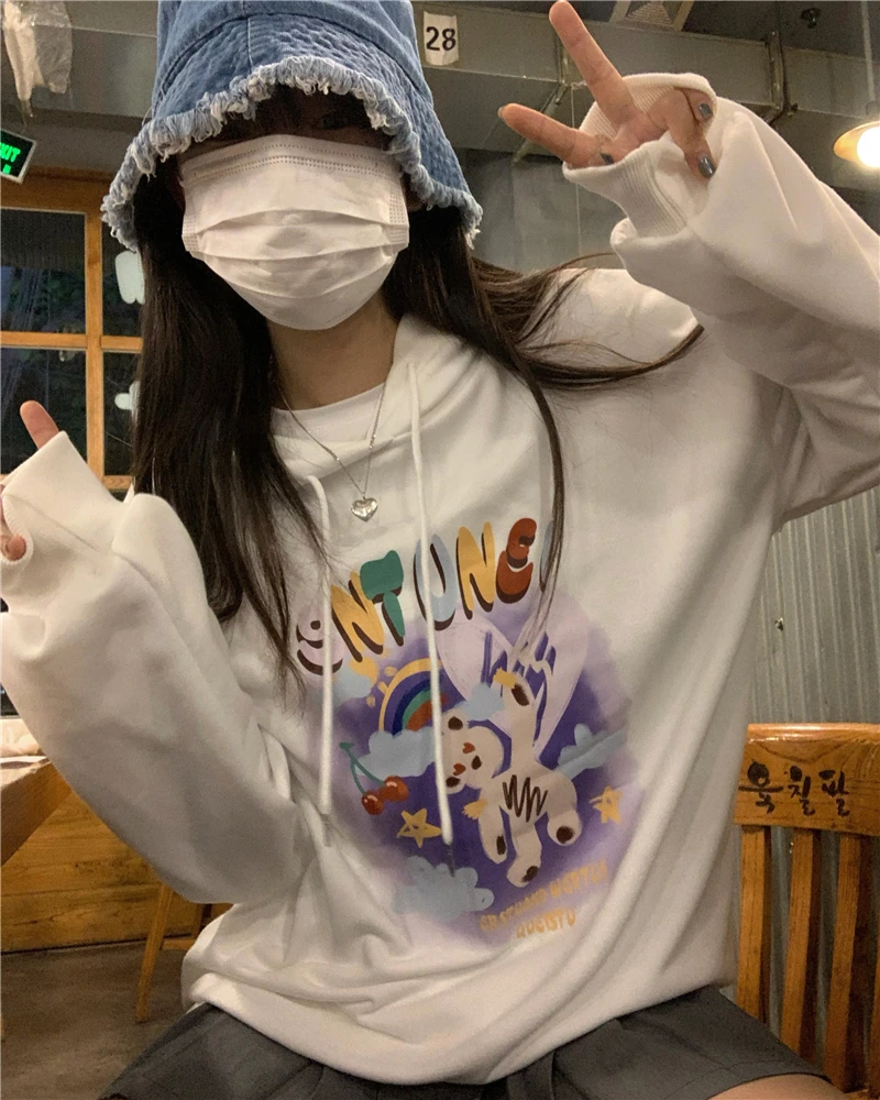

2021 Autumn Painted Bear Letters Printed Sweatshirt Plus Fleece Long Sleeve Pullover Hoodie