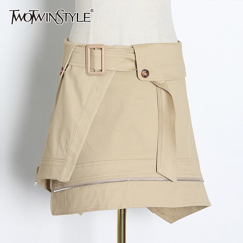 TWOTWINSTYLE Casual Asymmetrical Skirts Female High Waist With Sashes Ruched Irregular England Style Mini Skirt Women Fashion | Женская