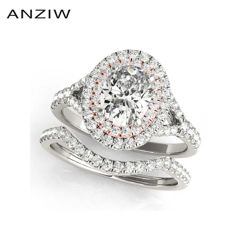 

ANZIW 925 пробы серебро, розовое золото, Цвет леди Обручение свадебные кольца наборы для ухода за кожей 0,5 карат овальным вырезом Halo свадебные ко...