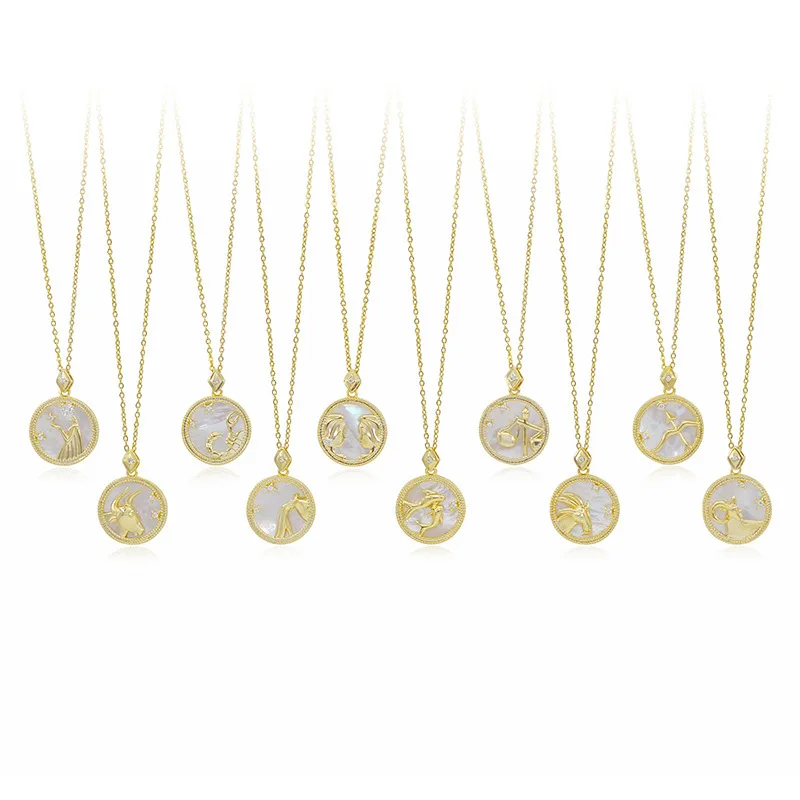 

Gold White Fritillary Pattern Zodiac Twelve Constellations Pendant Link Chain Necklace Birthday Gift Fashion Jewelry