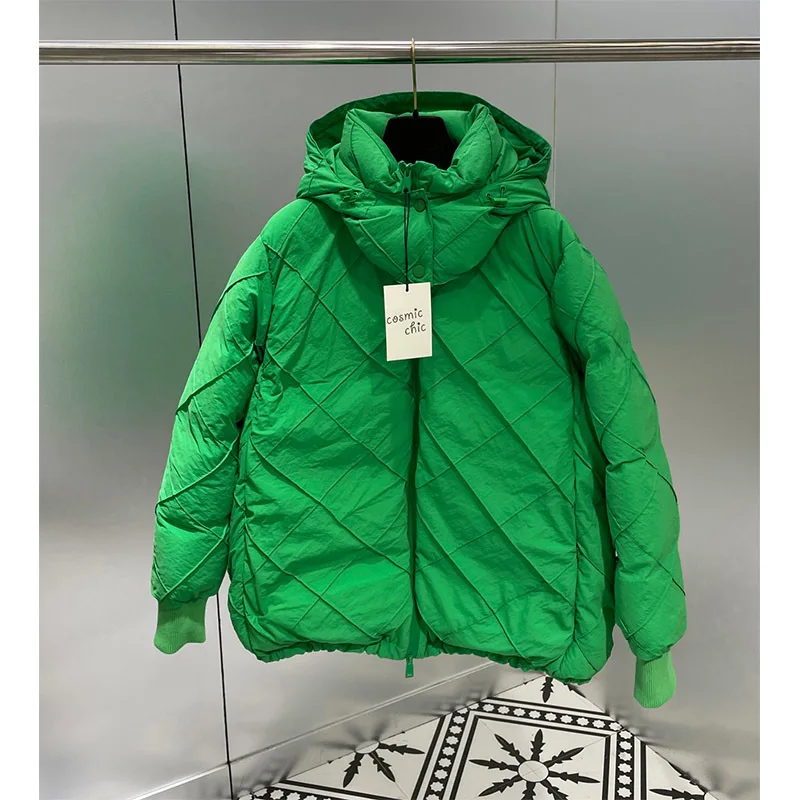 

Женский пуховик с капюшоном, зеленая Толстая однотонная парка на молнии с воротником-стойкой и гусиным пухом, зима 21