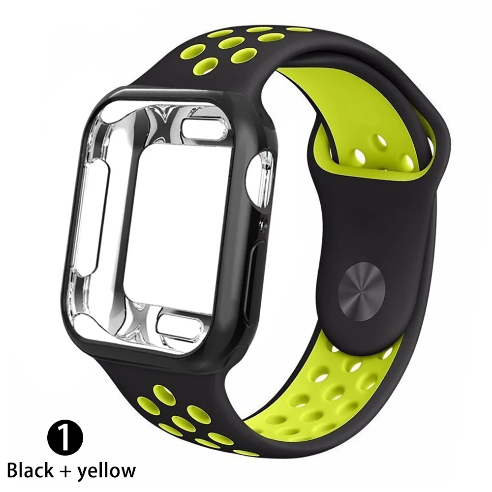 Чехол+ ремешок для apple Watch 5 ремешок 42 мм 38 мм 40 мм 44 мм спортивный силиконовый браслет для apple iwatch series 5 4 3 2 1 Аксессуары - Цвет ремешка: Black    yellow