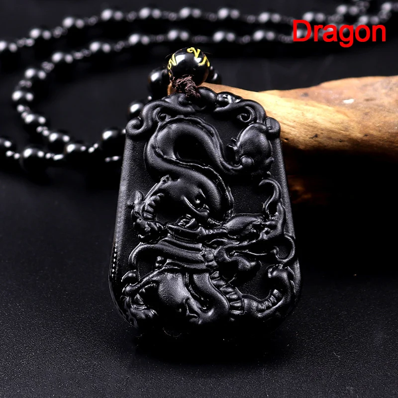 Ожерелье из натурального черного обсидиана с подвеской в виде животного амулет