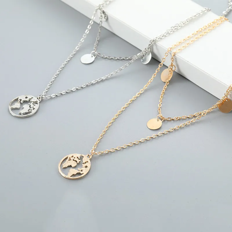 

Simple Design Double Layer World Map Chain Necklace Gold And Silver Color Necklace for Women Jewelry Trend New