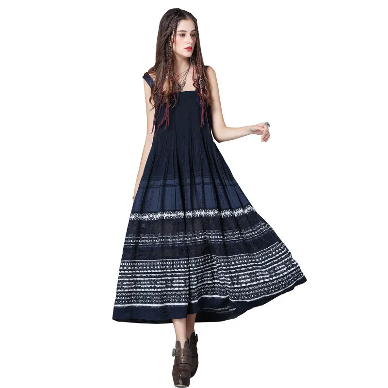 

Strap Dress Women Summer Midi Maxi Loose Free Size Retro Vintage Elegant Embroidery Dark Blue Fashion Casual Woman Dresses Robes