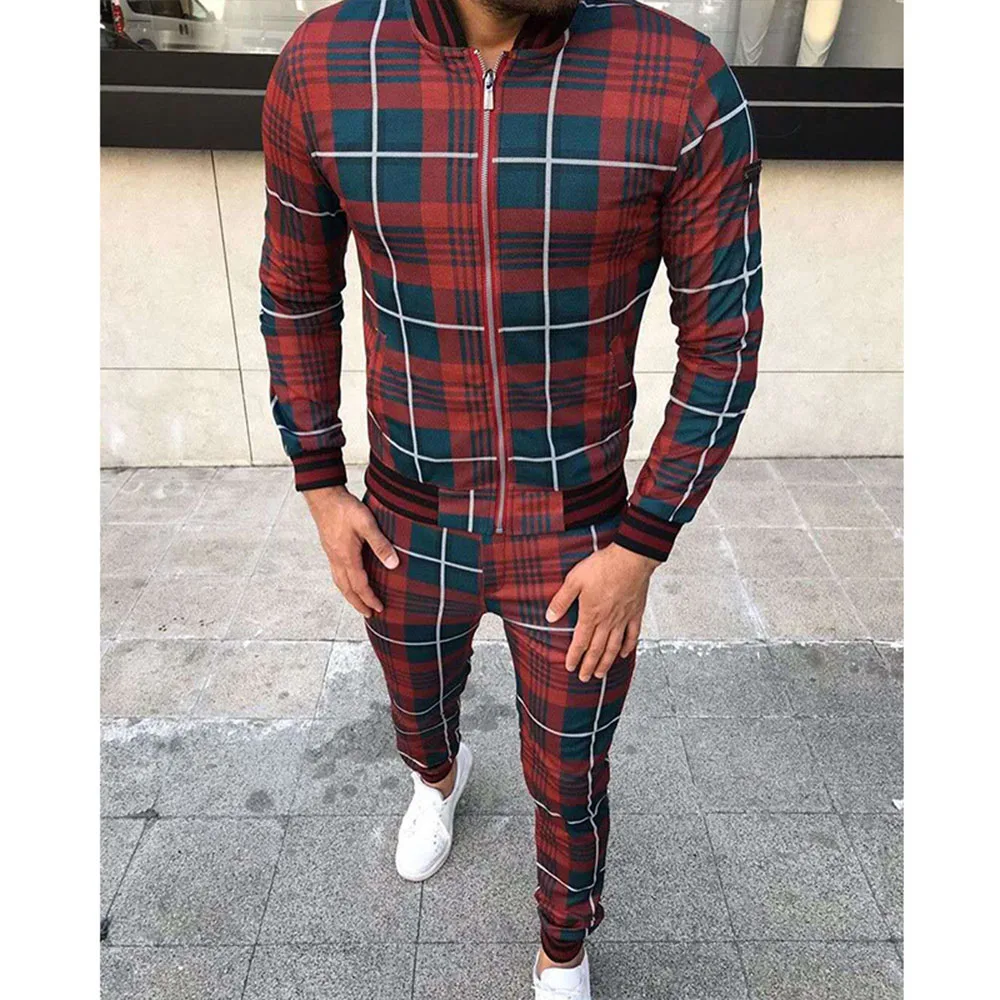 

2021 New Mens Tracksuits Plaid Casual Zipper Jacket Suit Spring Autumn Fashion Male Sweatshirt Clothes For Men