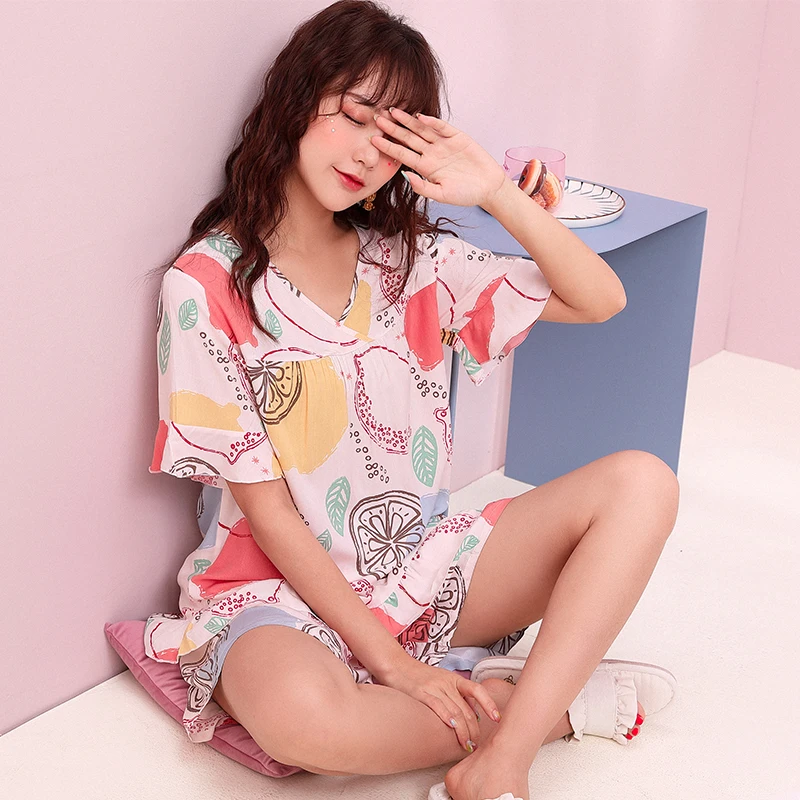 

Short-Sleeved Shorts Pajamas Women's Summer Thin Bourette Suit Japanese Sweet Artificial Cotton Silk Can Be Outerwear Homewear