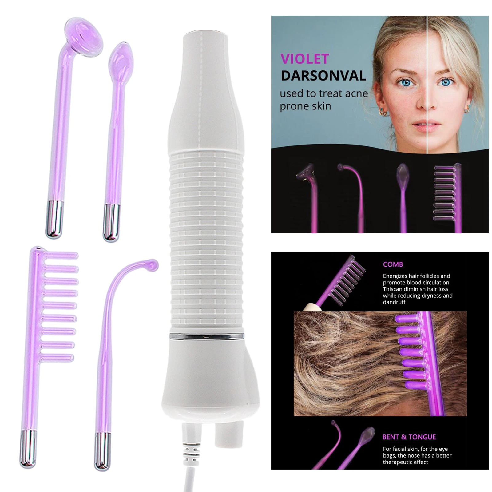 

Portable High Frequency Facial Wand Face Machine Device Skin Tightening Spot Acne Remover Purple Light Machine EU Plug