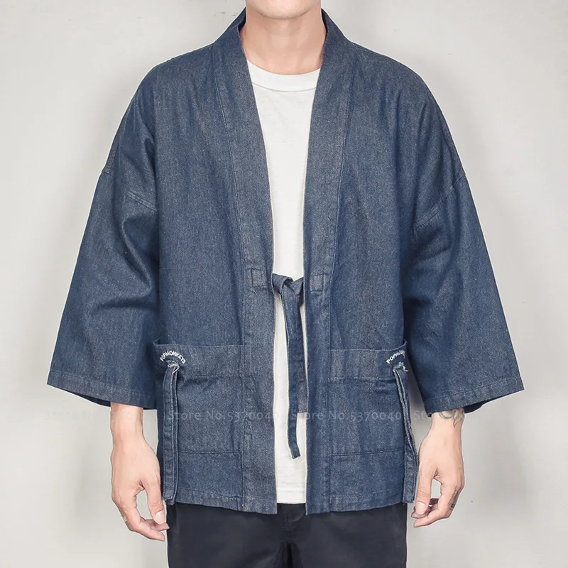 

Men Japanese Yukata Kimono Obi Denim Cardigan Pocket Retro Robes Casual Jackets Loose Blouse Hanfu Kung Fu Coat Asian Clothes