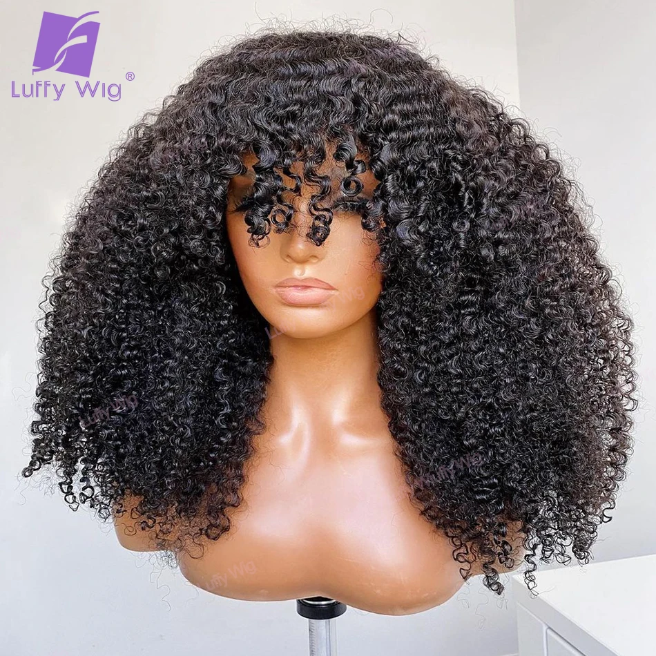 

Afro Kinky Curly Wig Human Hair With Bang Brazilian Remy Hair O Scalp Top Wigs 200 Density Glueless For Black Women LUFFY