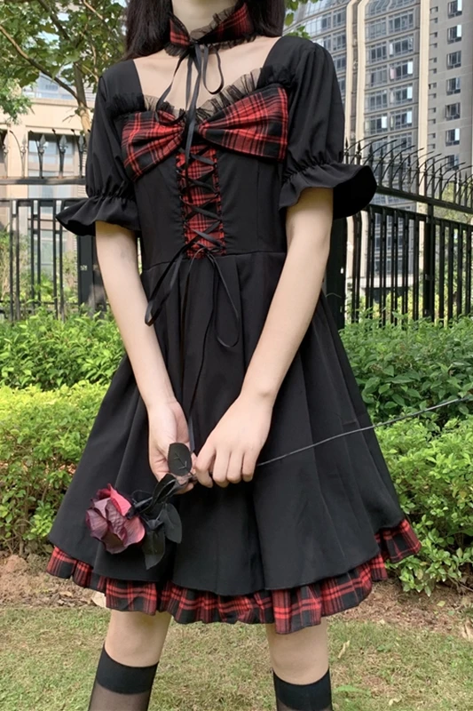 

Japanese Sweet Dark Square Collar Plaid Bow Strap Waist Hugging Short-Sleeved Ruffles Dress Women Summer gothic lolita dress