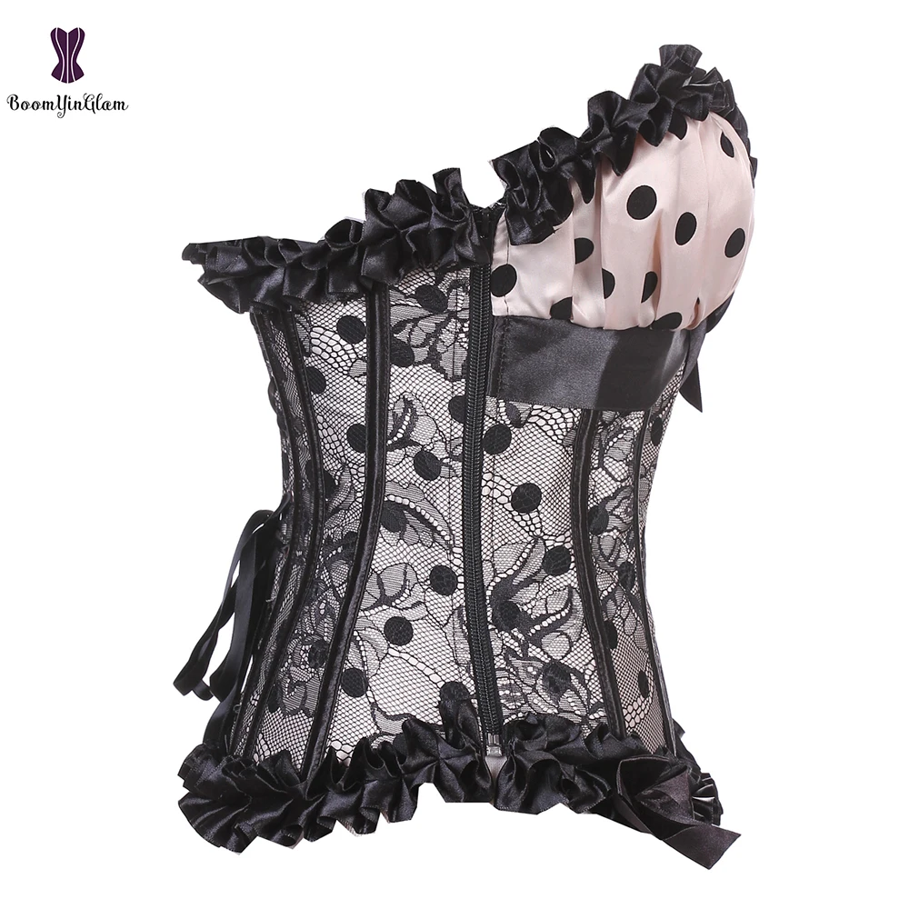 

Adjustable Shoulder Straps Overbust Corset Polka Dot Busque Beige Red Waist Bustier Cincher Top Underwear Corselet