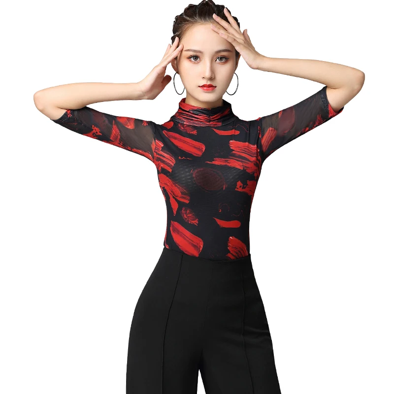 

2020 Latin Dance Practice Clothes For Women Adult New Modern Ballroom Dance Training Tops Blue/Red Shirt Rumba Dance Clothing