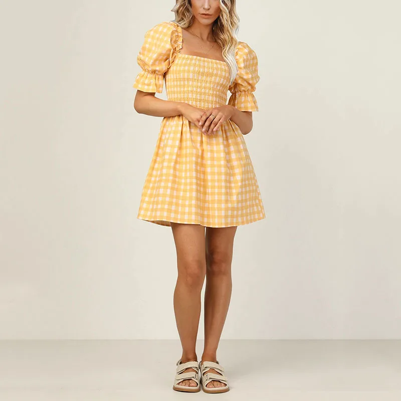 

Шикарное женское мини-платье с пышными рукавами и квадратным вырезом, элегантное милое стильное клетчатое желтое женское платье для вечери...