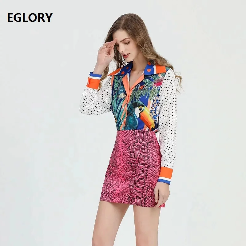 Женский костюм с юбкой и принтом в горошек рубашка виде птиц + мини юбка диким