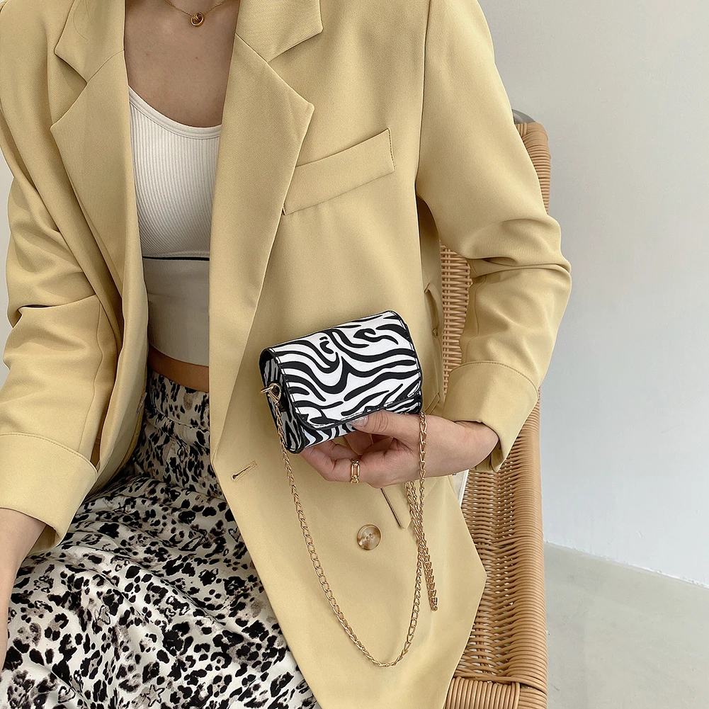 

Vintage Women Chain Design Hand Bag Female Travel Cow Zebra Pattern Print Shoulder Bag Casual Chain Crossbody Bags